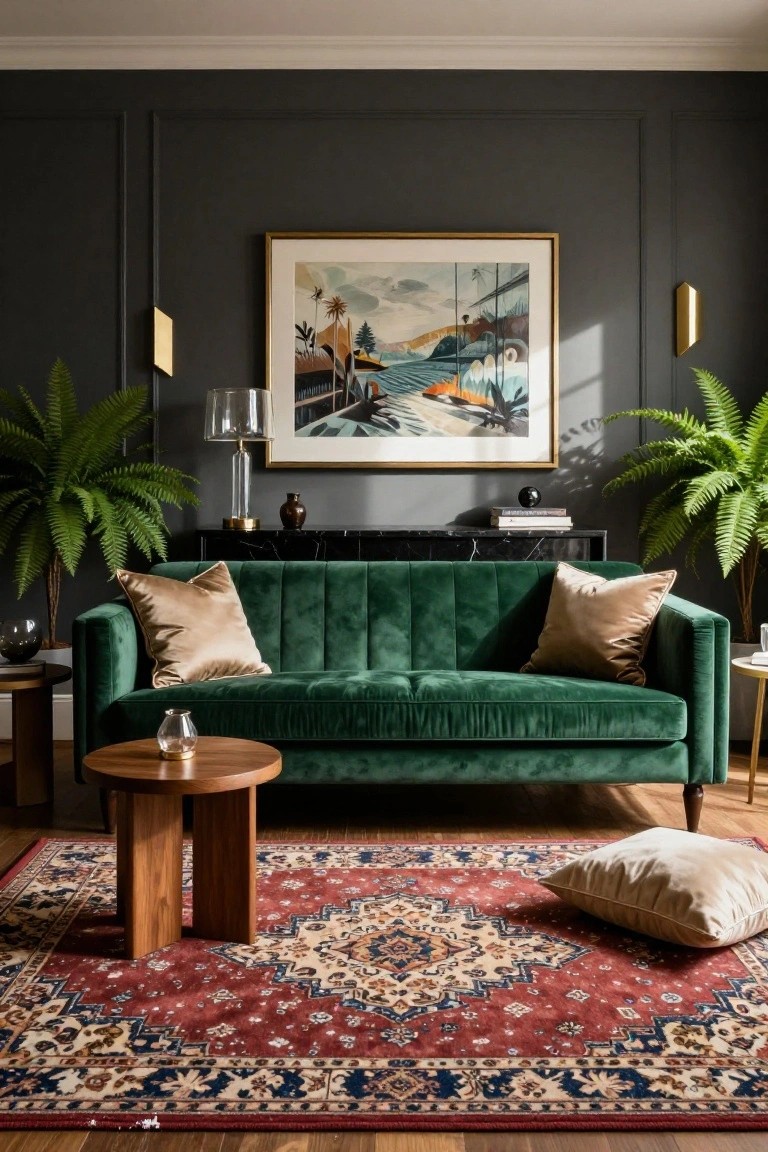 A tufted emerald green velvet sofa in a dark gray paneled living room with gold-framed artwork, brass wall lights, potted ferns flanking the sofa, black console table, wooden side table, glass vases, and red patterned rug on wood floor.
