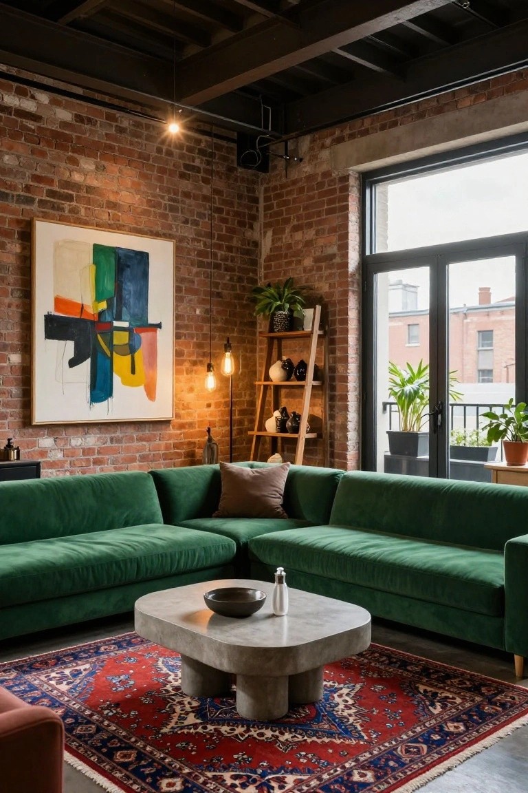 L-shaped emerald green velvet sofa in a living room with exposed brick walls, wooden ladder shelf, plants, Persian rug, concrete coffee table, and large windows to a balcony.