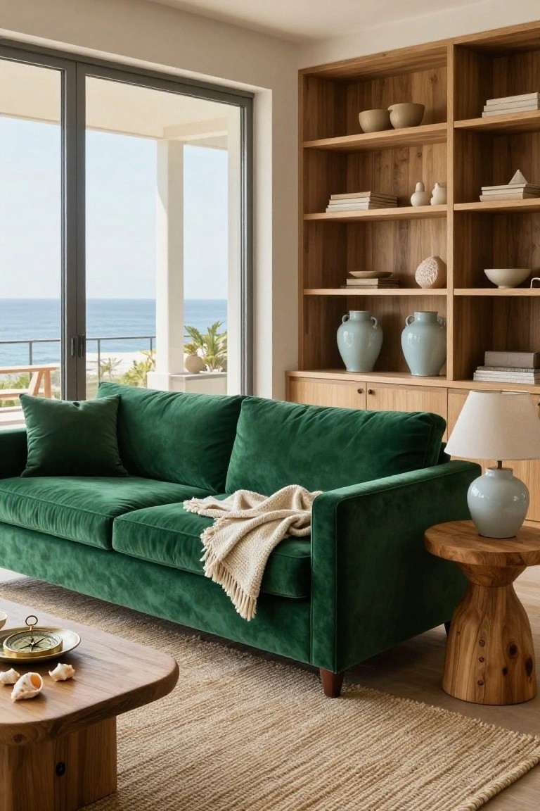 Living room with emerald green velvet sofa, wooden bookshelves displaying books and ceramics, wooden coffee table with shells and compass, side table with lamp, seagrass rug, and sliding glass doors to ocean view.