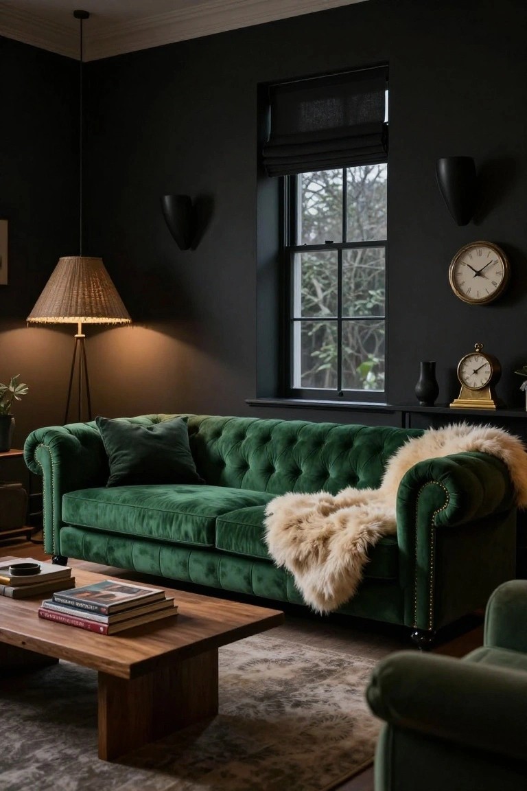 Emerald green velvet tufted Chesterfield sofa with pillows and sheepskin throw in a black-walled living room featuring a wooden coffee table with books, rattan floor lamp, clock on shelf, and window with black blinds.