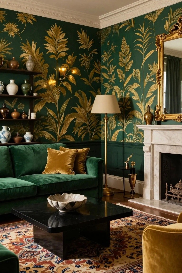 Emerald green velvet sofa in a living room corner with matching emerald green wallpaper featuring gold leaf motifs, black square coffee table with white shell bowl, marble fireplace, brass floor lamp, shelves of ceramic vases, and Persian-style rug.