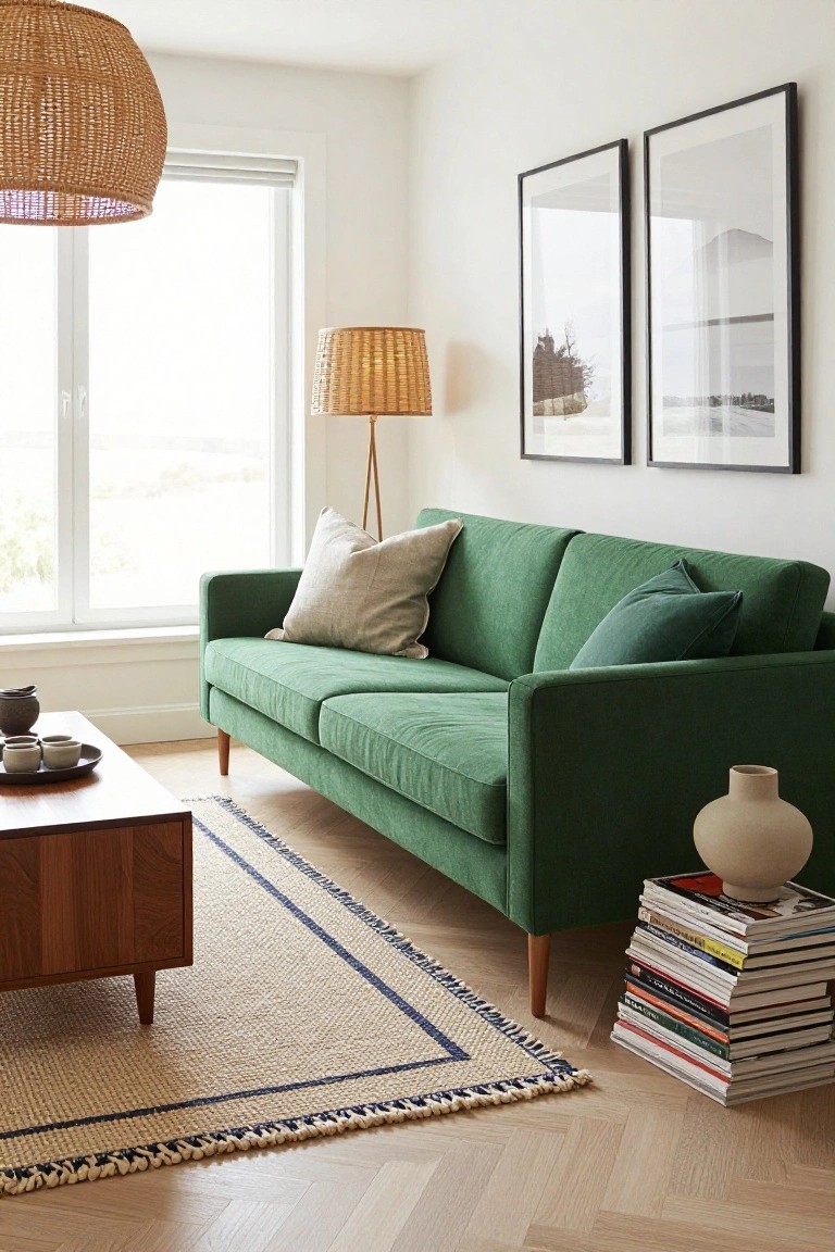 Bright living room featuring an emerald green velvet sofa, white walls, large window, rattan pendant light and floor lamp, wood coffee table, beige vase, and stack of books on light oak floors.