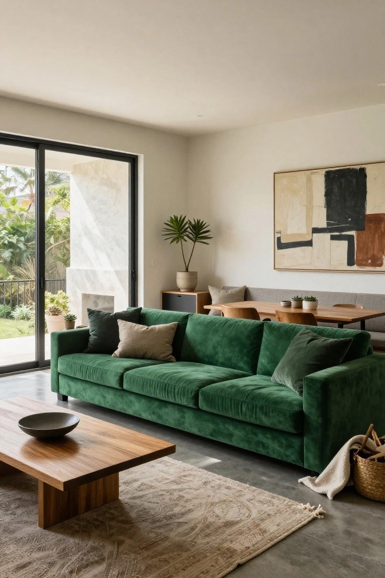 Modern living room with emerald green velvet sofa, wooden coffee table on beige rug, potted plants, abstract wall art, dining table, and sliding glass doors to backyard garden.