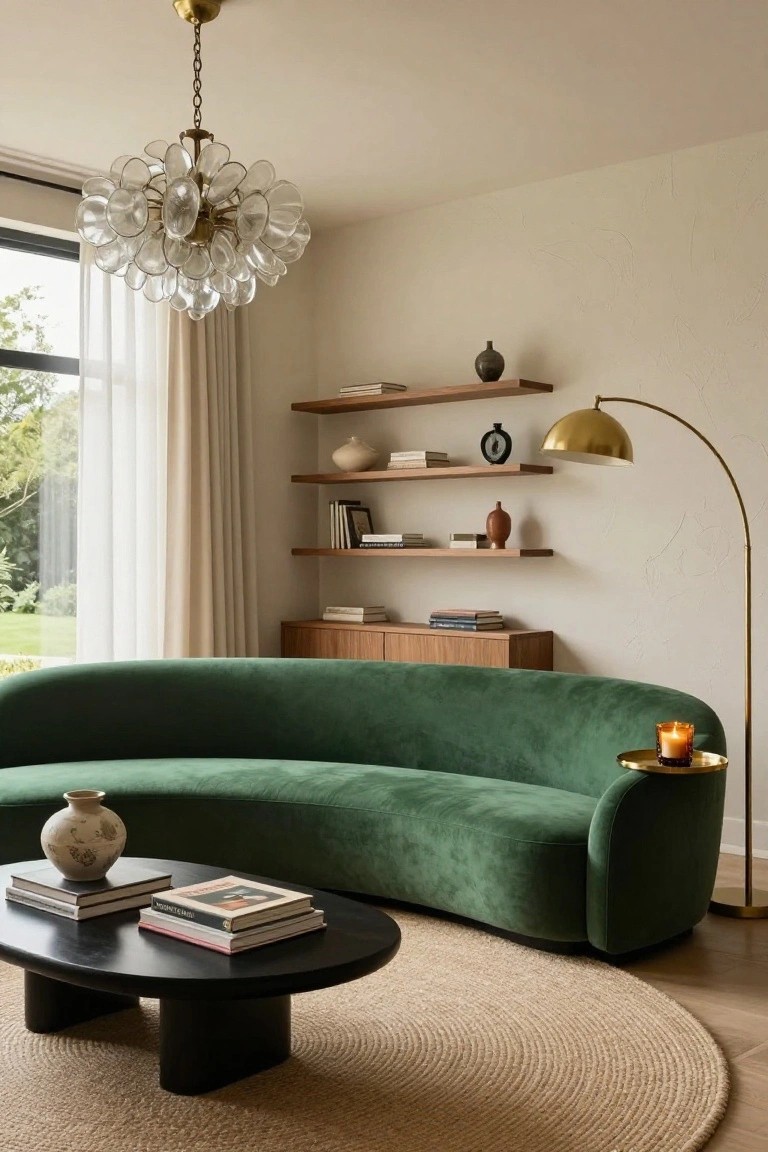 Curved emerald green velvet sofa in a living room with creamy walls, floating wood shelves holding ceramics and books, black oval coffee table, bubble glass chandelier, gold arc lamp, and large window with sheer curtains.