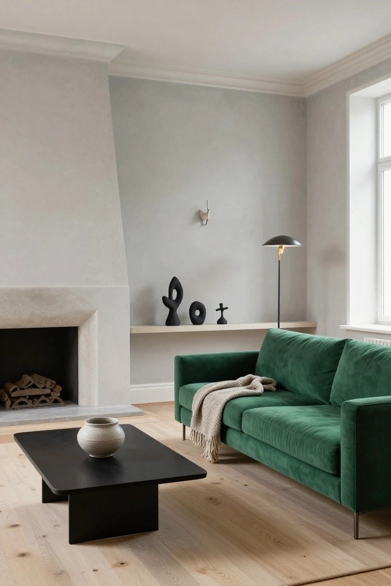 Living room with emerald green velvet sofa facing a stone fireplace, black low coffee table holding a ceramic vase, wall shelf with black sculptural ceramics, brass floor lamp, light wood floors, and tall window.