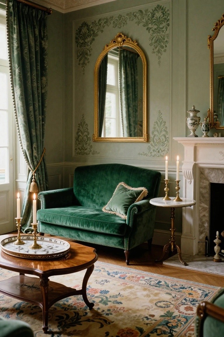 Sage green paneled living room with curved emerald green velvet sofa, gold-framed mirror on wall, lit candles on mantel and table, marble side table, and fireplace.