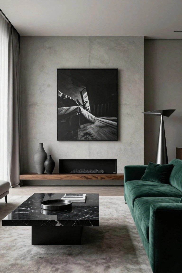 Modern living room with emerald green velvet sofa, black marble coffee table, concrete accent wall, linear gas fireplace on wood shelf, tall black ceramic vases, abstract black and white photograph, and floor lamp.
