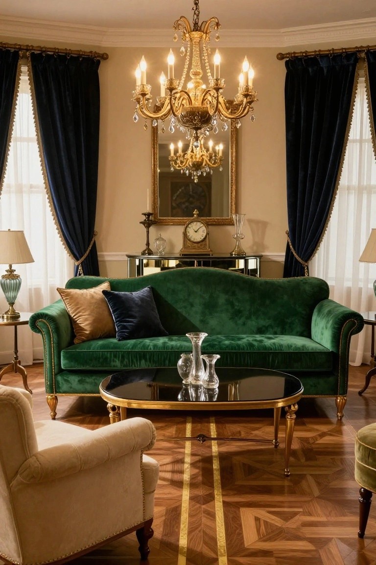 Living room with emerald green velvet sofa, gold chandelier, navy curtains on two windows, brass side tables, black glass coffee table, and parquet wood floor.