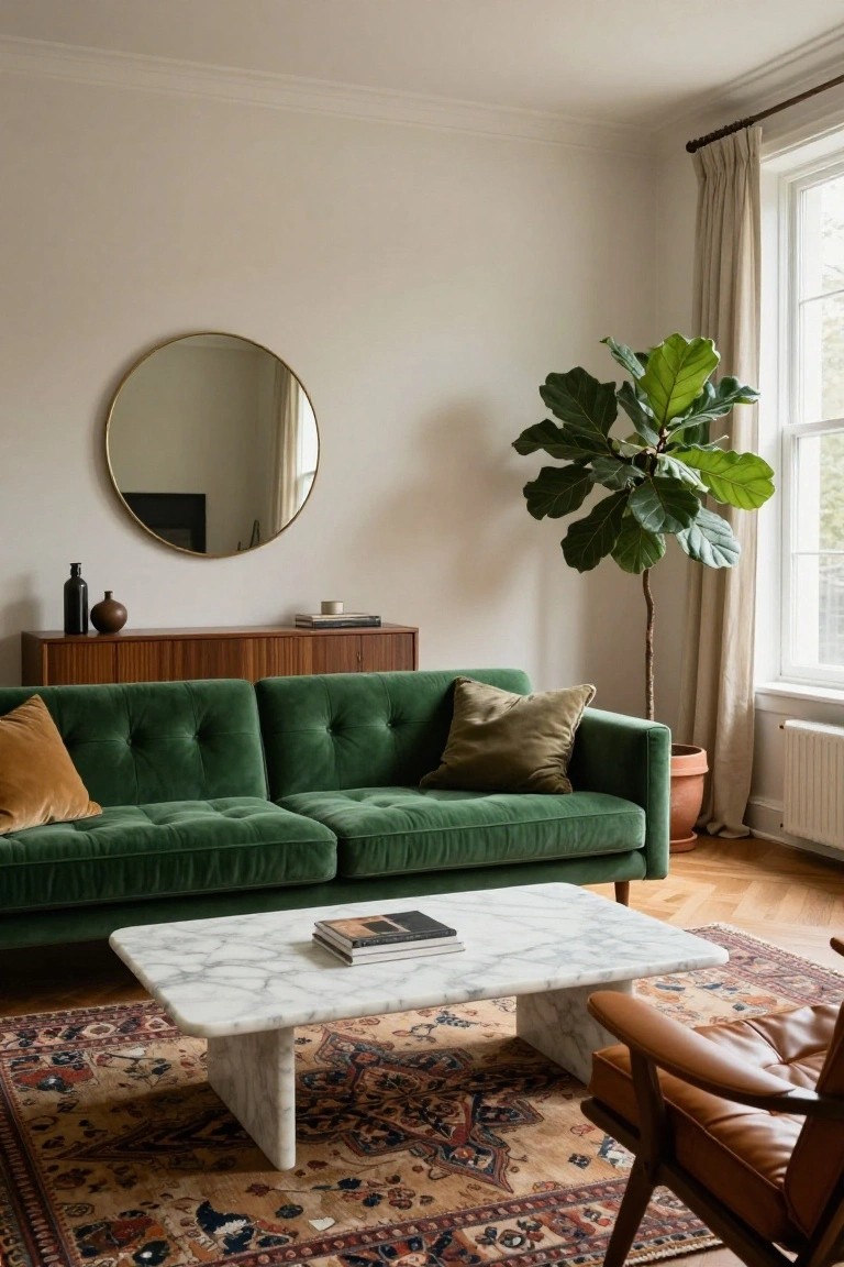Living room with emerald green tufted velvet sofa, white marble coffee table, wooden credenza, large potted fiddle leaf fig plant by the window, gold round mirror, beige linen curtains, patterned rug, leather armchair, and herringbone wood floor.