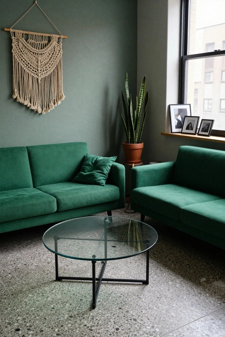 Living room with two emerald green velvet sofas facing each other across a round glass coffee table on a terrazzo floor, macrame wall hanging, potted snake plant, and framed photos near a window.