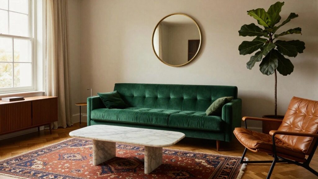 24 Emerald Green Sofa Living Room Ideas That Feel Luxurious Living room with emerald green tufted velvet sofa, white marble coffee table, wooden credenza, large potted fiddle leaf fig plant by the window, gold round mirror, beige linen curtains, patterned rug, leather armchair, and herringbone wood floor.