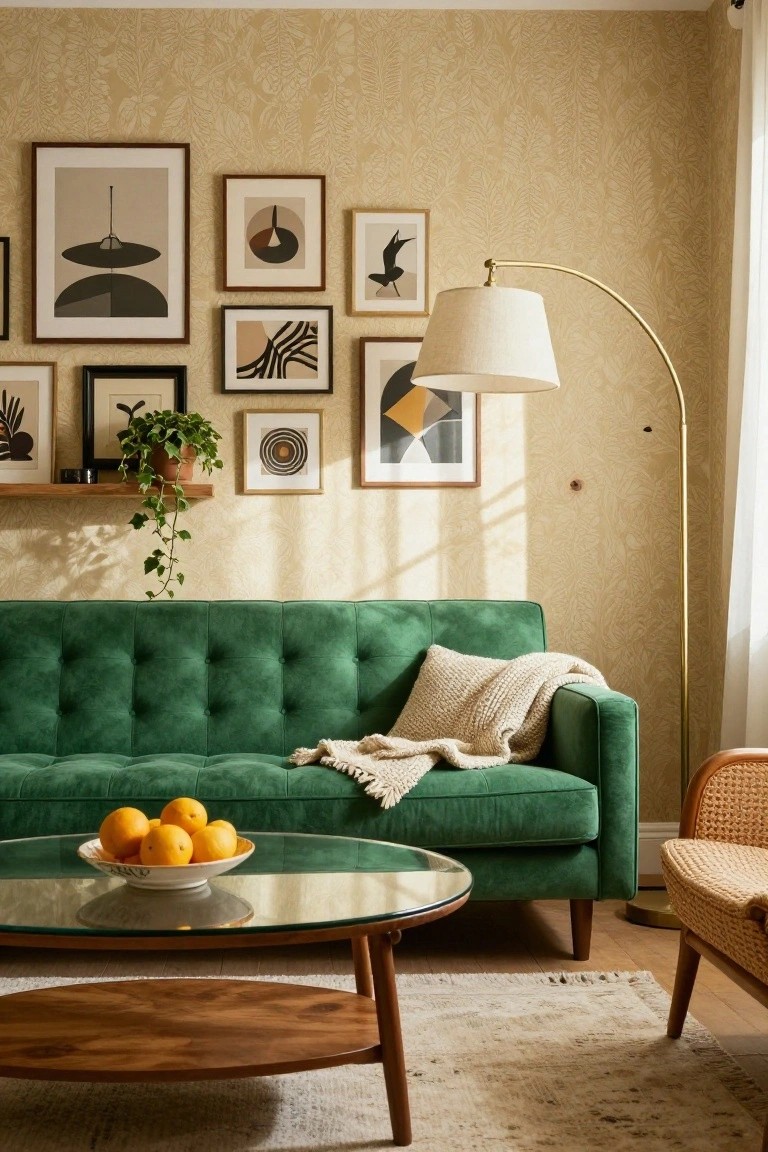 Living room interior with emerald green tufted sofa under a gallery wall of assorted framed abstract artworks on beige leaf-patterned wallpaper, brass arc lamp, glass coffee table with oranges in white bowl, potted plant on shelf, cream throw blanket on sofa, and rattan armchair on wood floor with beige rug.