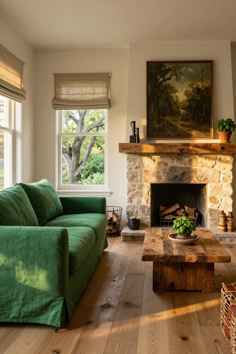 Sunlit living room interior with emerald green sofa facing stone fireplace on wood floors, large windows with bamboo shades, wood beam mantel, and potted plants.