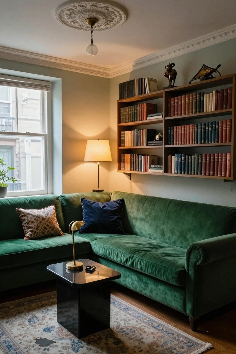 A green velvet L-shaped sofa in a living room corner with wooden bookshelves filled with books on two walls, two table lamps, a black side table, and a plant near the window.