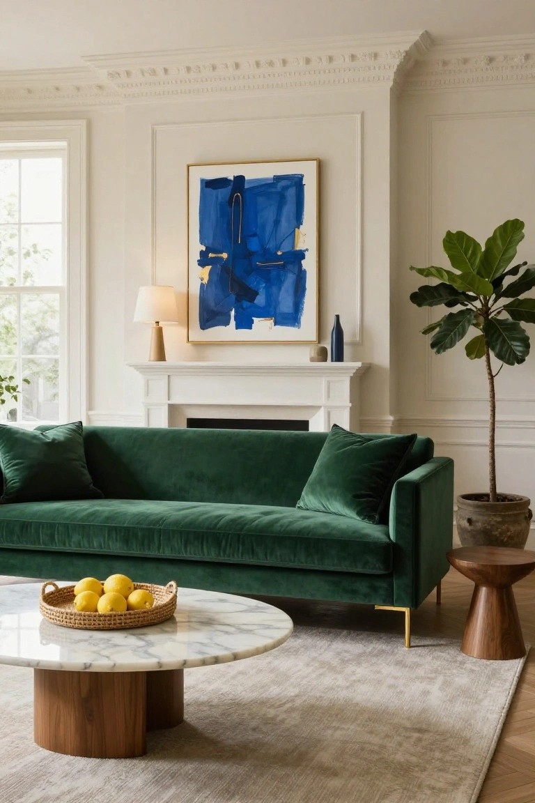 Living room with emerald green velvet L-shaped sofa facing white fireplace, round marble-topped wood coffee table with basket of lemons, tall potted plant, abstract blue painting in gold frame, table lamp, and large window.