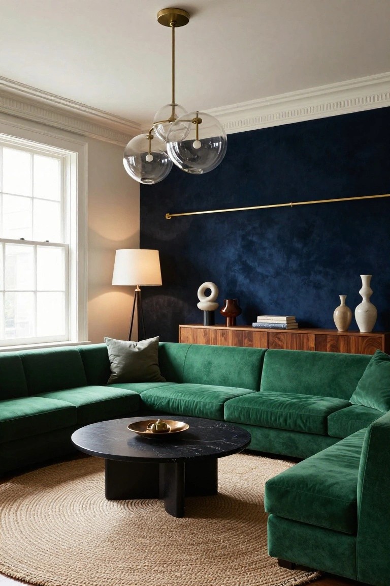 Living room with L-shaped emerald green velvet sofa around black round coffee table on seagrass rug, wooden credenza against textured navy wall with brass rail shelf holding ceramics and lamp, glass globe chandelier overhead, and window light.