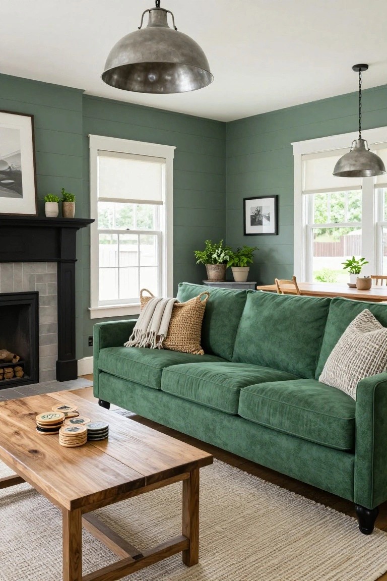 Living room with sage green shiplap walls, emerald green velvet sofa with pillows and throw blanket, black wood fireplace with gray tile, wooden coffee table holding coasters, plants on shelves and sills, white window blinds, and industrial pendant lights.