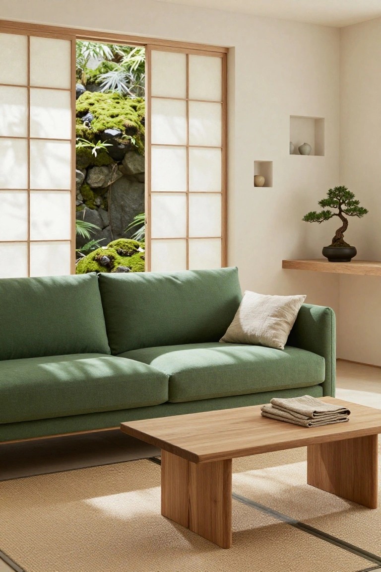 A minimalist living room with an emerald green sofa, low wooden coffee table with linen on top, open shoji screens showing a moss-covered rock garden, bonsai on a wooden shelf, and a seagrass rug on light floors.