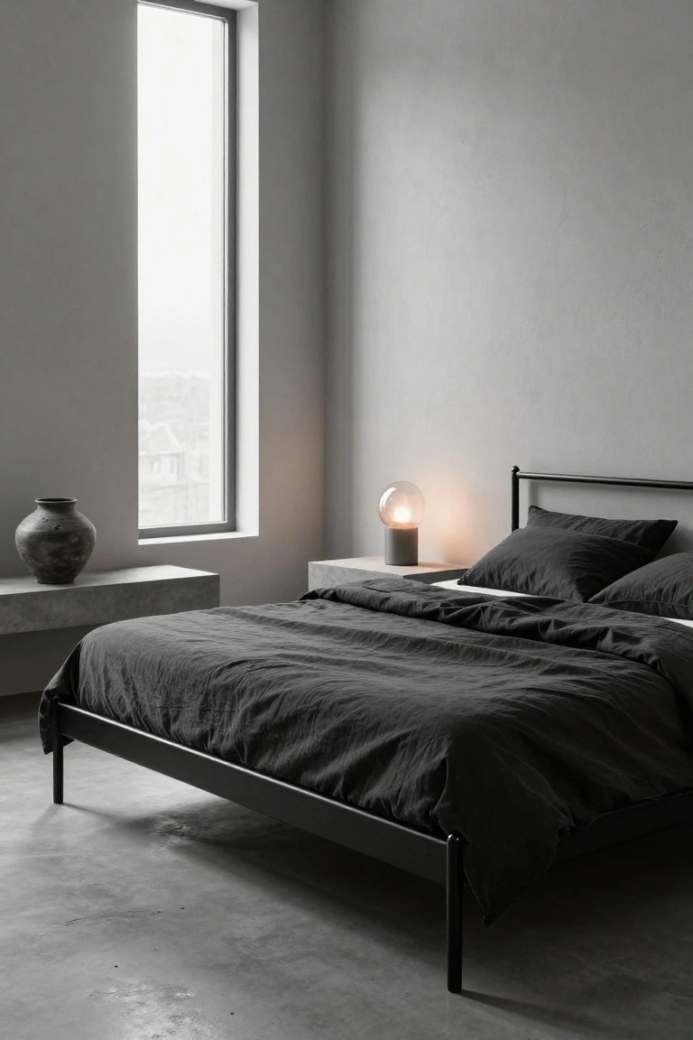 Minimalist bedroom with black metal king bed frame, gray linen bedding, concrete nightstand and bedside lamp, large window, and terracotta vase on a ledge.
