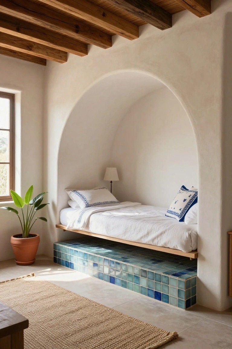 A bed platform built into a white arched wall alcove on a raised base of blue mosaic tiles, with white bedding, blue-edged pillows, a bedside lamp, a potted plant nearby, wooden ceiling beams, a window, and a seagrass rug on the earthen floor.
