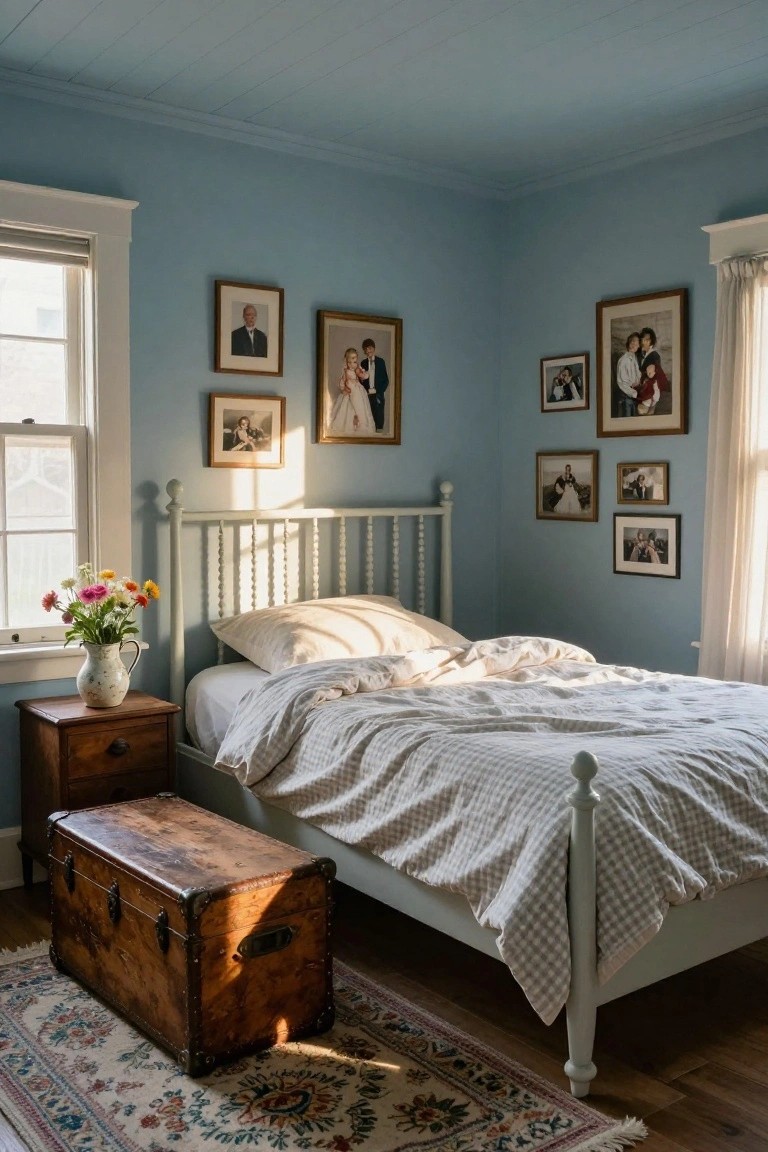 A bedroom with light blue walls, a white spindle bed frame with checkered bedding, family photos in frames, an antique trunk at the foot of the bed, a wooden nightstand with flowers, and a rug on hardwood floors.
