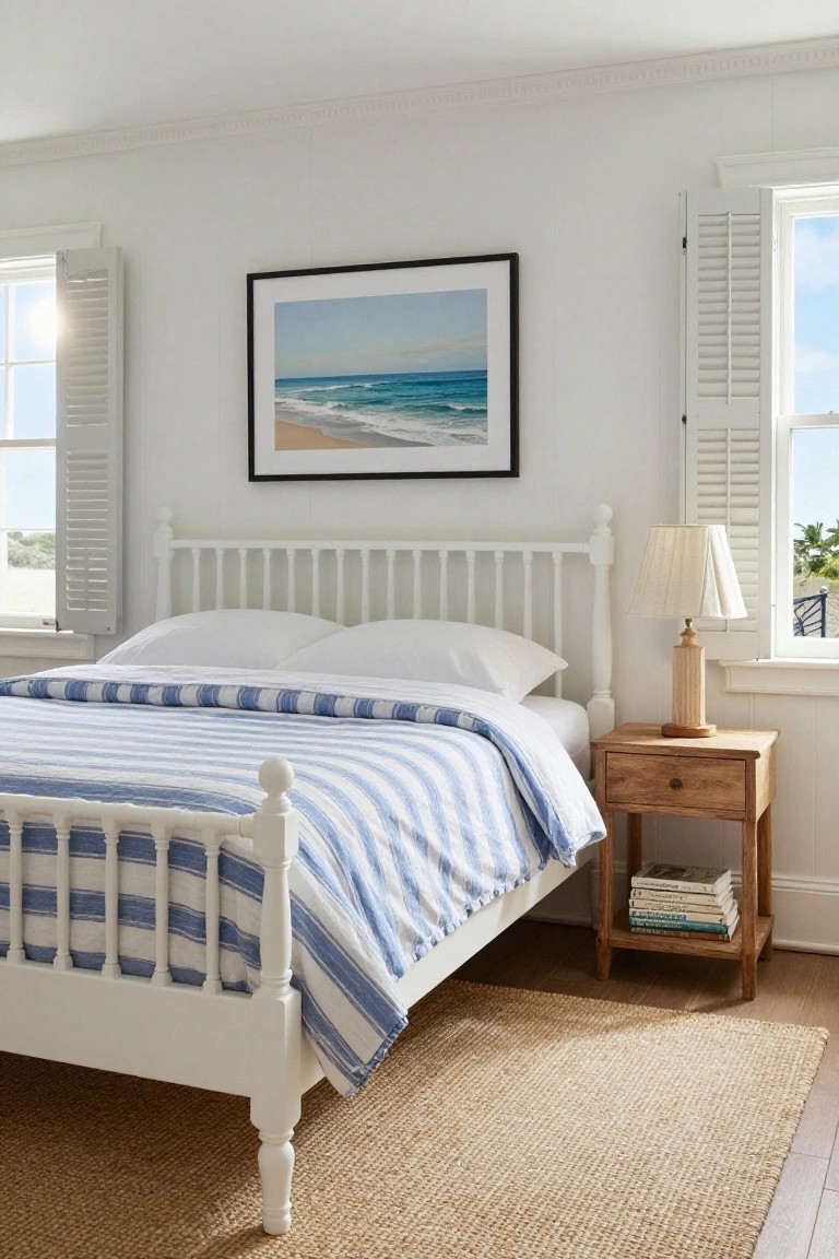 White wooden king bed frame with blue and white striped quilt, white pillows, wooden nightstand with lamp and books, in a white bedroom with louvered shutters and ocean painting.