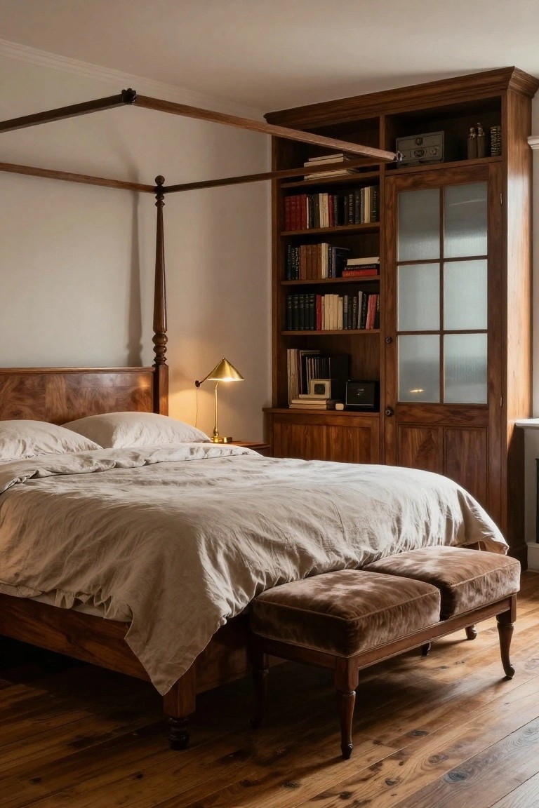 A bedroom with a wooden canopy king bed frame, white linen bedding, built-in wooden bookshelves with glass doors, a bedside lamp, and matching bench at the foot, on hardwood floors.