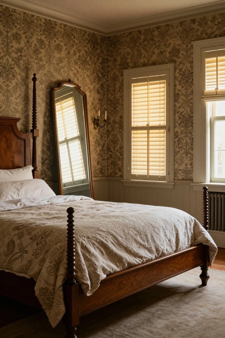 Bedroom interior with a dark wood four-poster king bed draped in white quilted bedding, tall antique mirror nearby, floral patterned wallpaper on walls, shuttered windows, and wooden radiator.