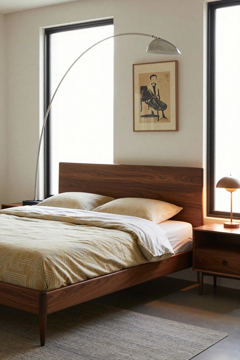 A modern bedroom with a king-size walnut wood bed frame featuring a paneled headboard and tapered legs, light beige patterned duvet, two pillows, bedside table with lamp, arched floor lamp, framed artwork on wall, and large windows.