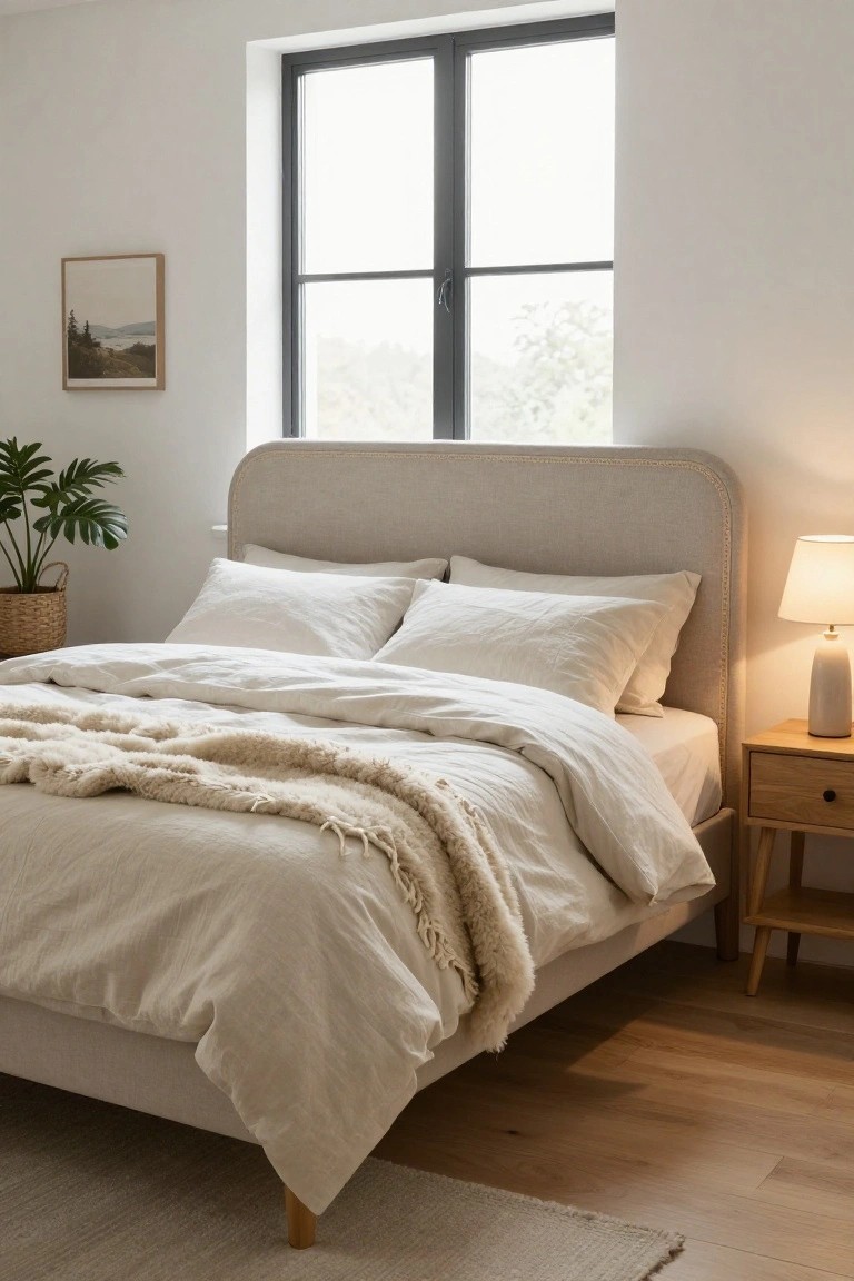 Light beige upholstered king bed frame with tufted headboard and wooden legs in a white-walled bedroom with large black-framed windows, potted monstera plant, wooden nightstand, table lamp, and beige rug on oak floors.
