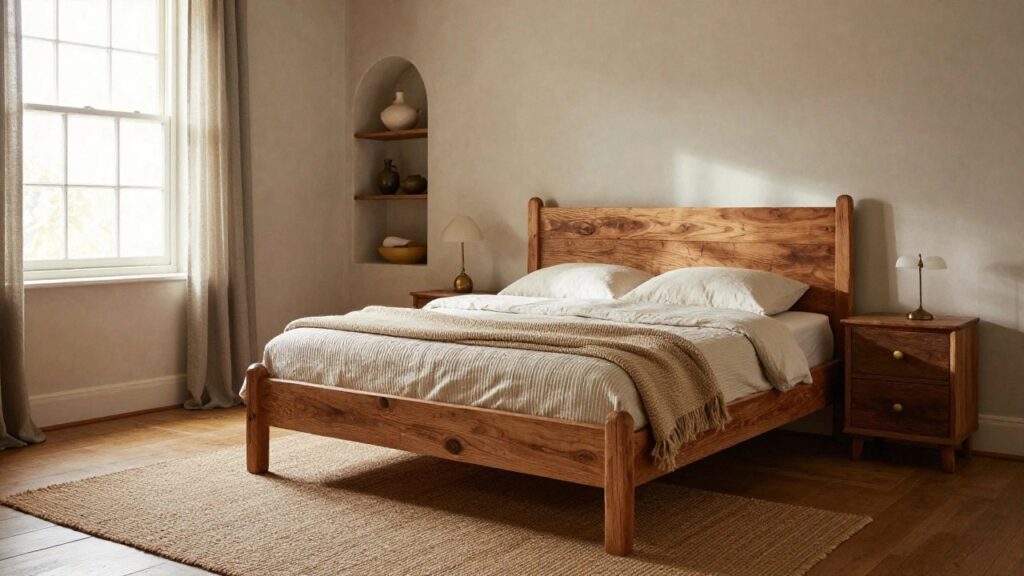 24 Impressive King Bed Frame Ideas for a Grand Bedroom Feel Bedroom with a king size four poster bed frame made of rough wooden beams and posts, white linen bedding, sheer window curtains, side tables with lamps, and neutral walls and wood floor.