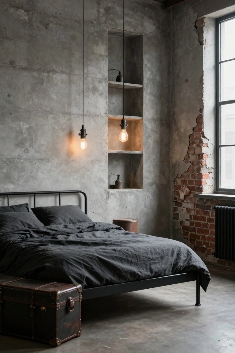 A bedroom with exposed gray concrete walls and brick accents, featuring a black metal king bed frame on thin legs with dark gray linens, two hanging Edison bulb lights, a niche shelf with pottery, a wooden stool, and a brown leather trunk on a concrete floor.