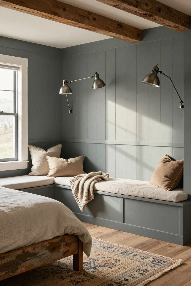 Bedroom corner with gray vertical board-and-batten walls, built-in bench with beige cushions and pillows under a window, adjacent to a distressed wooden king bed frame on hardwood floor.