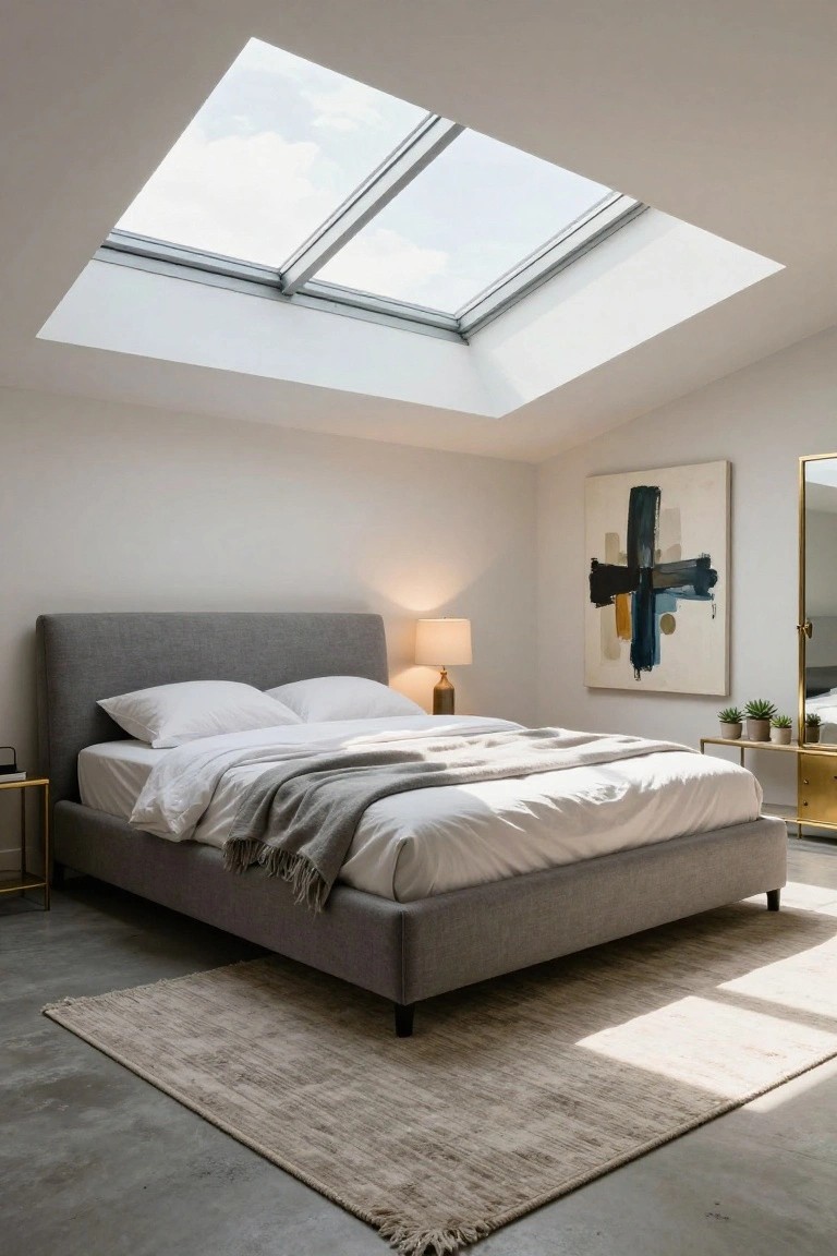 Modern bedroom interior with low-profile gray upholstered king bed, white sheets and gray throw, gold metal nightstand, abstract painting, gold mirror, potted plants, skylights in white ceiling, beige rug on concrete floor.