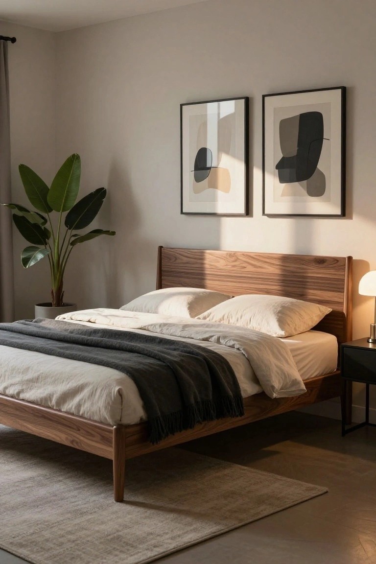 Bedroom with low walnut wood platform king bed dressed in white sheets, pillows, and gray throw blanket, next to black side table with lamp, large potted plant, and two abstract framed prints on beige wall.