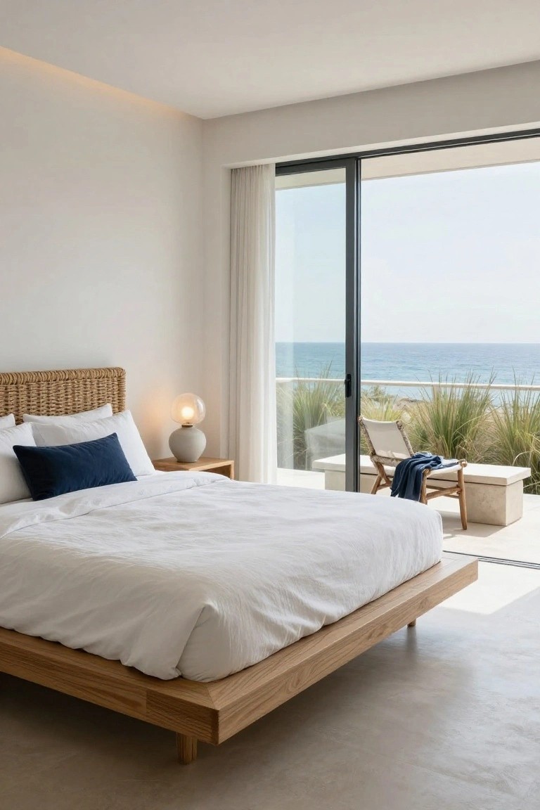 Modern bedroom featuring a low wooden platform king bed with rattan headboard, white bedding, navy accent pillow, bedside table with lamp, and sliding glass doors opening to a balcony overlooking the ocean and dunes with a chair and blue towel.