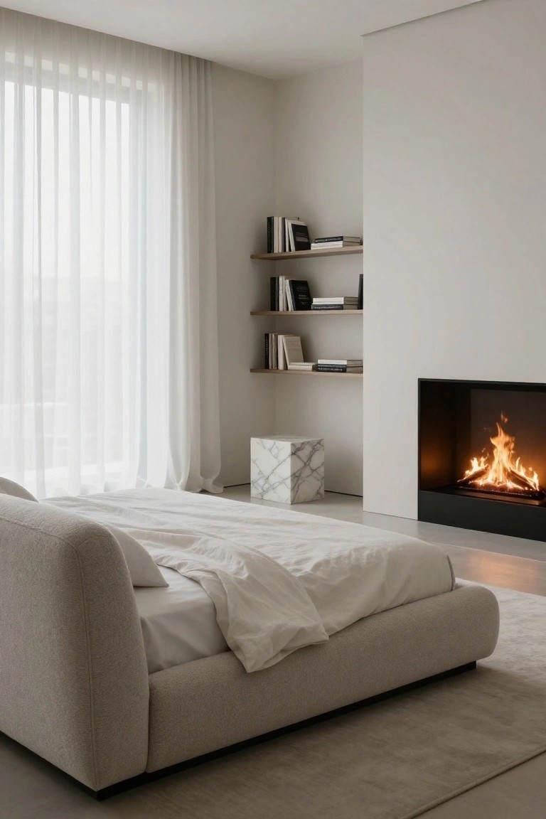 Minimalist bedroom with low-profile beige upholstered king bed, white duvet, marble cube stool, built-in fireplace with flames, floating wood bookshelves, and sheer curtains over large windows.