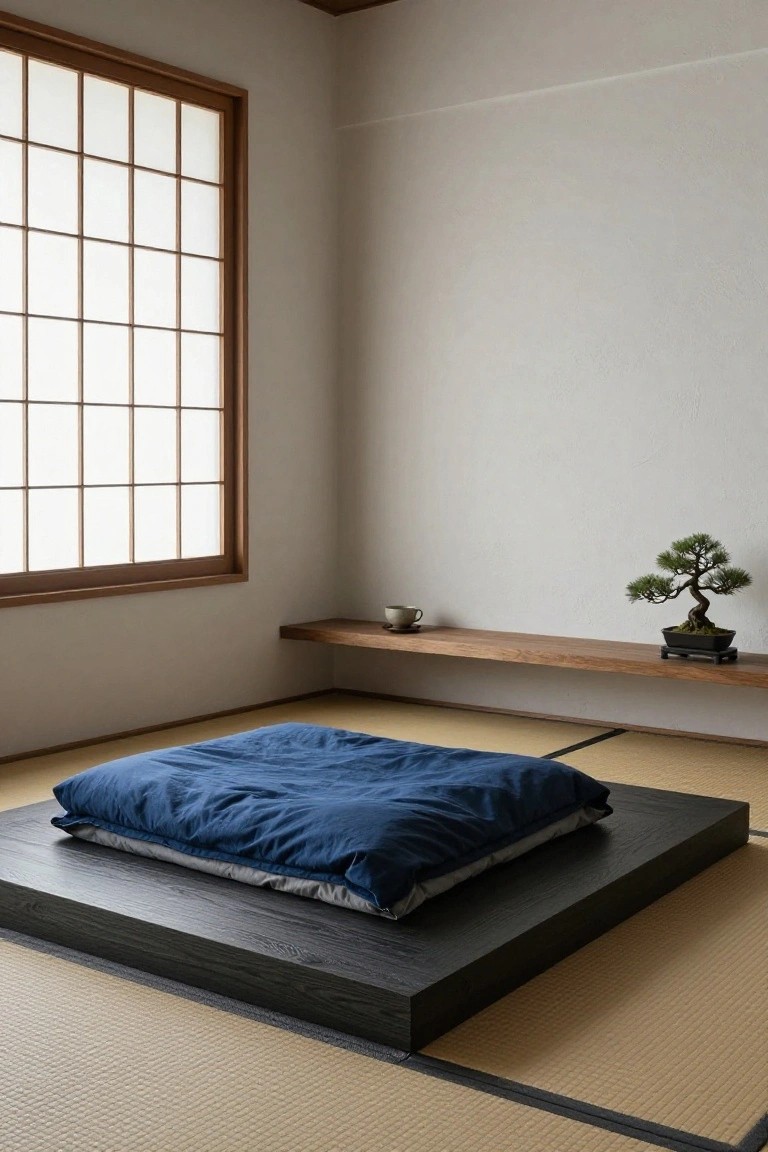 Japanese room with blue futon, shoji window, bonsai, and wooden shelf.