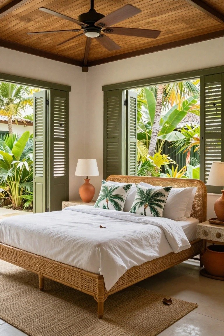 Bedroom interior with king-sized rattan bed frame, white linens and palm-print pillows, terracotta lamps on side tables, green louvered shutters open to tropical garden, wooden ceiling beams and ceiling fan.