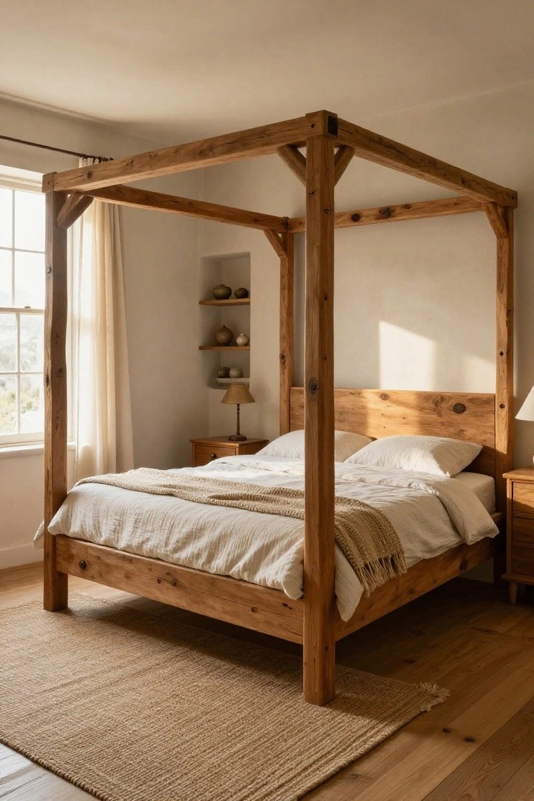 Bedroom with a king size four poster bed frame made of rough wooden beams and posts, white linen bedding, sheer window curtains, side tables with lamps, and neutral walls and wood floor.