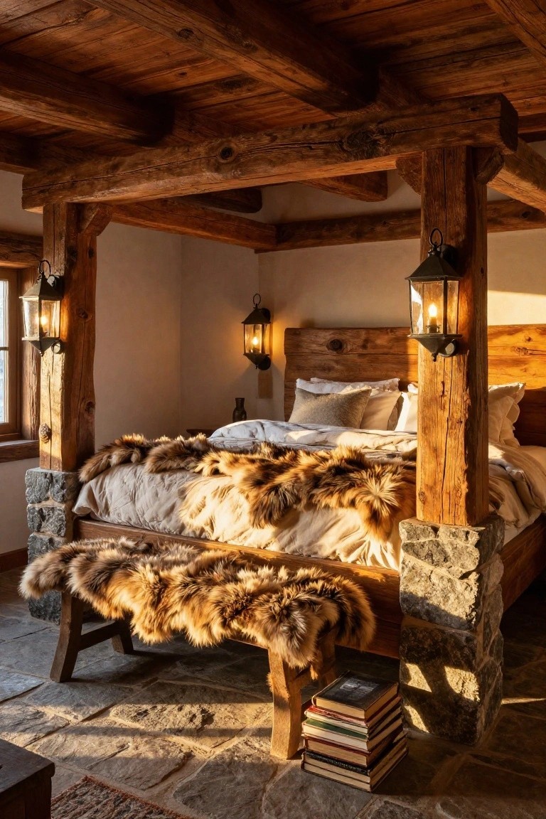 A king-sized bed with thick wooden post frame and headboard in a rustic bedroom with wooden beams, stone base, fur rugs on bed and bench, lanterns on posts, and stacked books nearby.