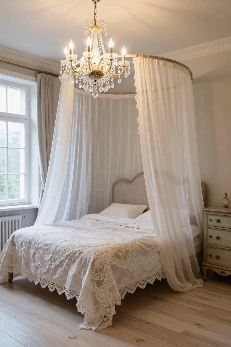 Elegant bedroom with canopy bed, crystal chandelier, and white lace linens.