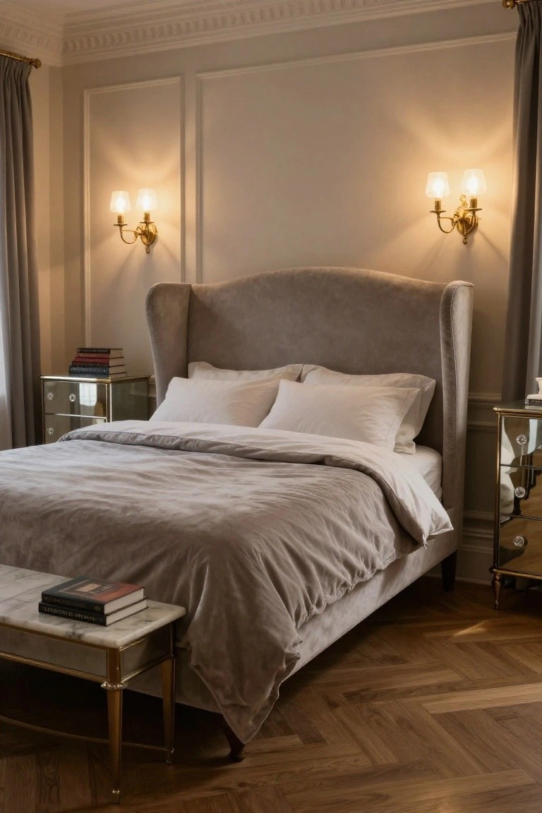 A bedroom with a gray upholstered king bed featuring a tall wingback headboard, white bedding, mirrored nightstands with books, gold wall sconces, and herringbone wood floors.