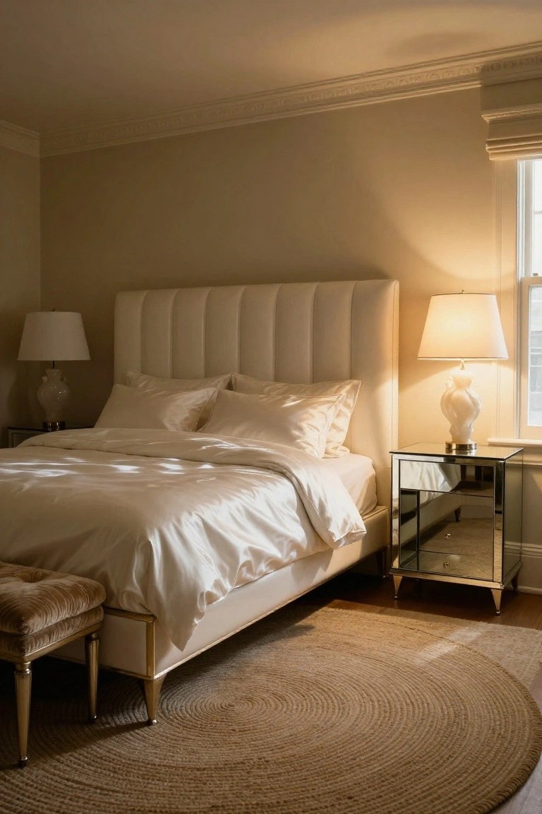 Elegant bedroom with cream bed, silk linens, and mirrored nightstand.