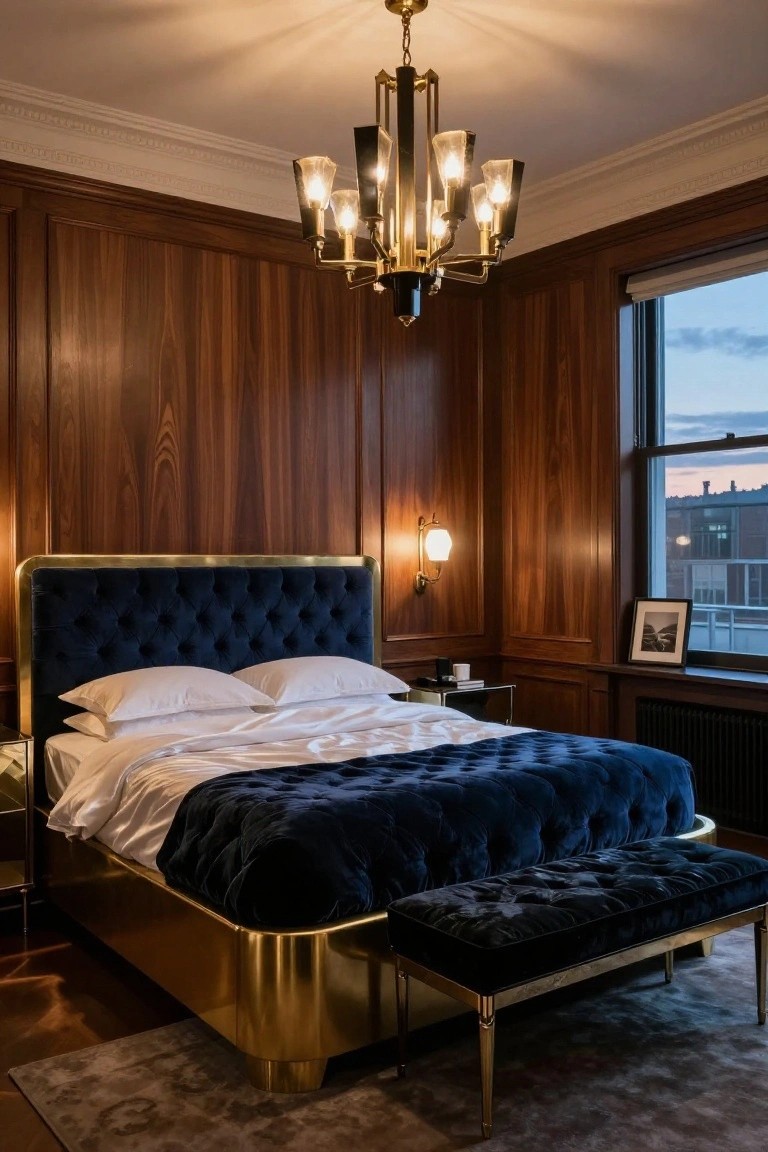Wood-paneled bedroom with king bed featuring navy velvet tufted headboard and matching duvet, brass-edged base and bench, chandelier overhead, wall sconce, side tables, and window with blinds overlooking buildings at dusk.
