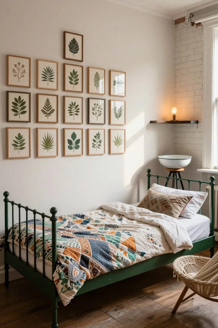 A cozy bedroom with a green iron single bed frame topped by a multicolored patchwork quilt and white duvet, a large gallery wall of framed green leaf prints above it, exposed brick wall, wooden stool with white basin, wicker chair, and soft natural light from a window.