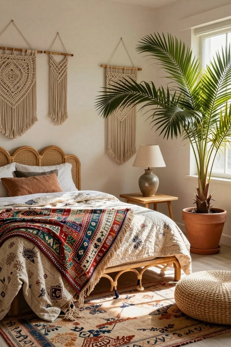 Bedroom with king bed featuring curved rattan headboard and frame, colorful patterned quilt, macrame wall hangings, potted palm tree by window, side table with ceramic lamp, and woven pouf on floor.