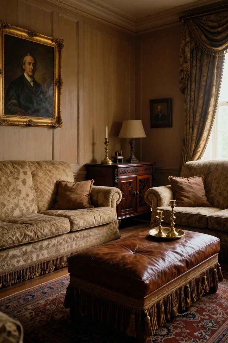 Wood-paneled living room with two cream floral sofas facing each other across a tufted brown leather ottoman on a red Persian rug, antique wooden cabinet, candle holders, and draped window.