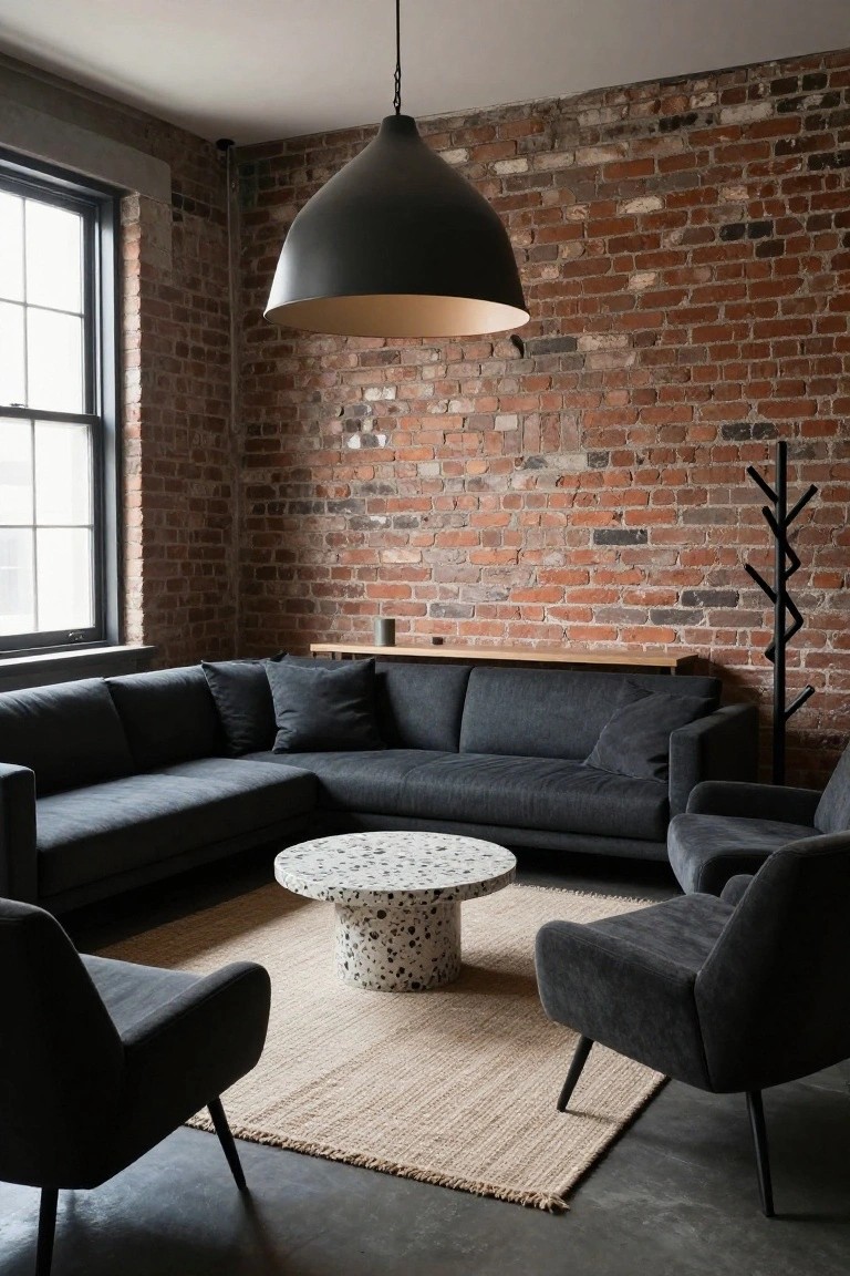 Living room corner featuring dark gray L-shaped sectional sofa, two armchairs, white speckled coffee table on beige seagrass rug, black pendant light, exposed brick walls, wooden side table, and black coat rack against concrete floor.
