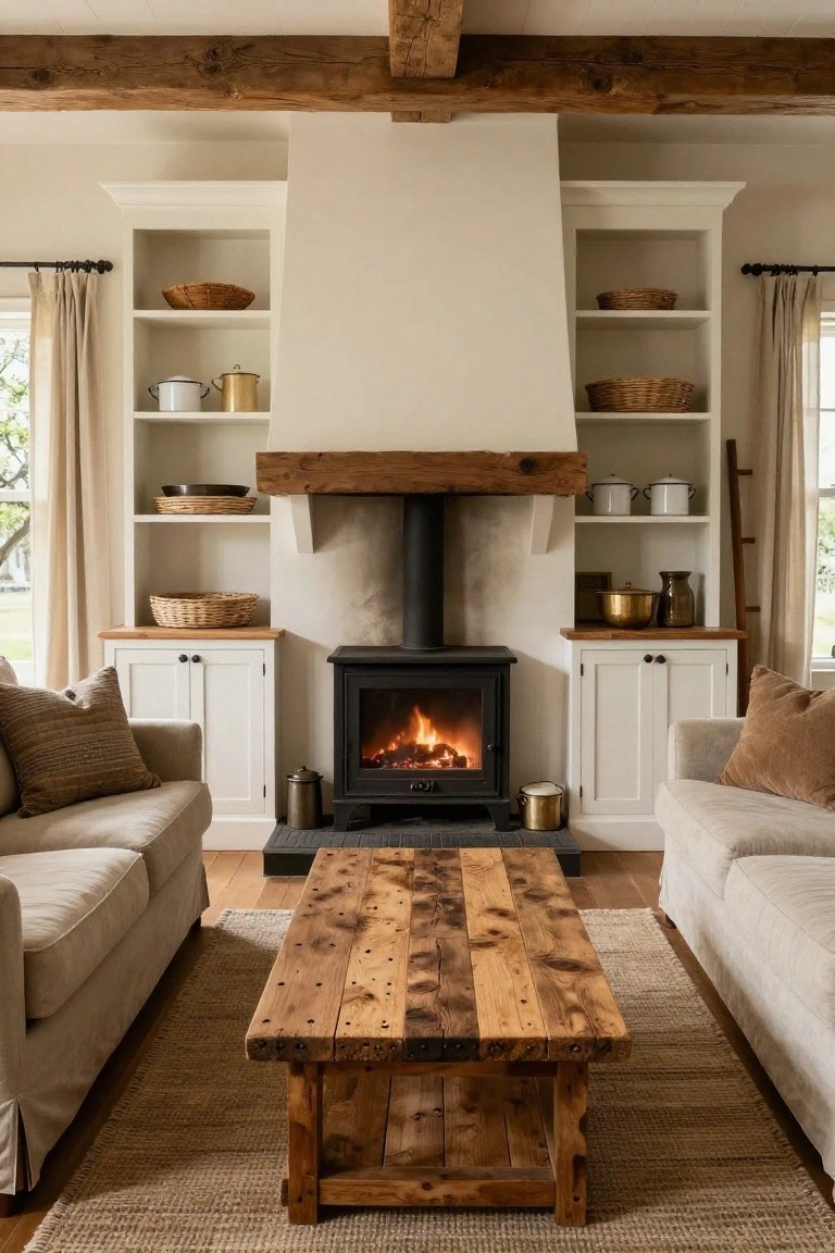 A living room featuring two light beige sofas facing each other across a reclaimed wood coffee table on a jute rug, centered in front of a black wood-burning stove with a tall cream chimney breast flanked by white built-in shelves filled with baskets and pottery.